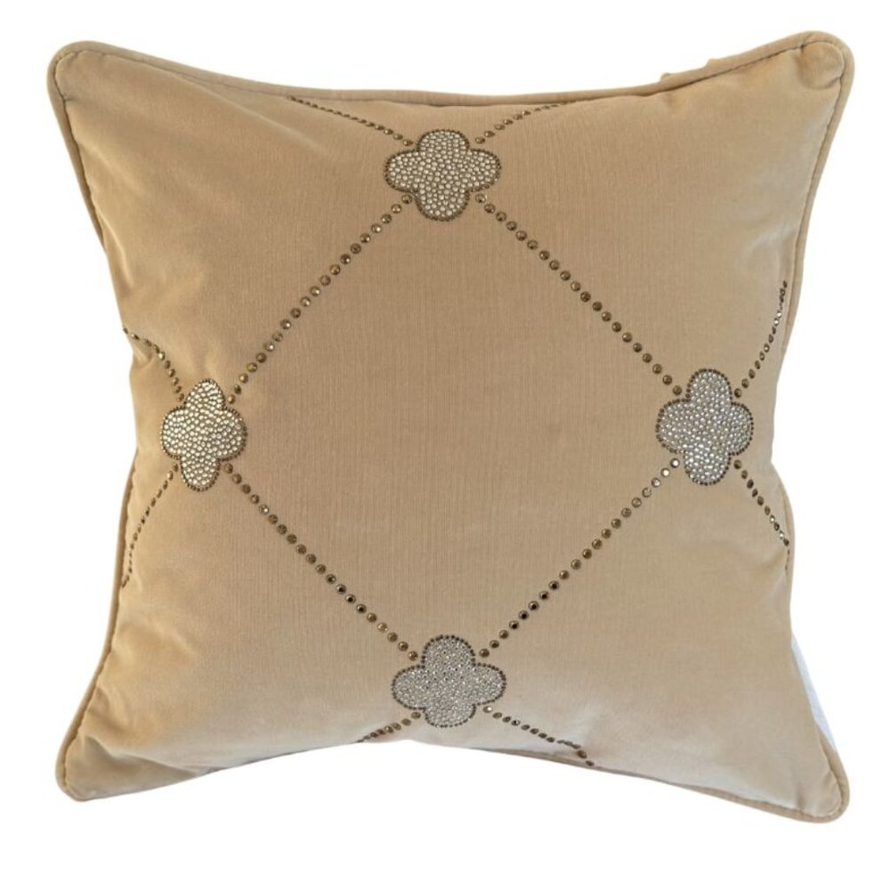 Luxury Velvet Pillow Cover w Swarovski Crystal Quatrefoil Design — Fits 20” X 20